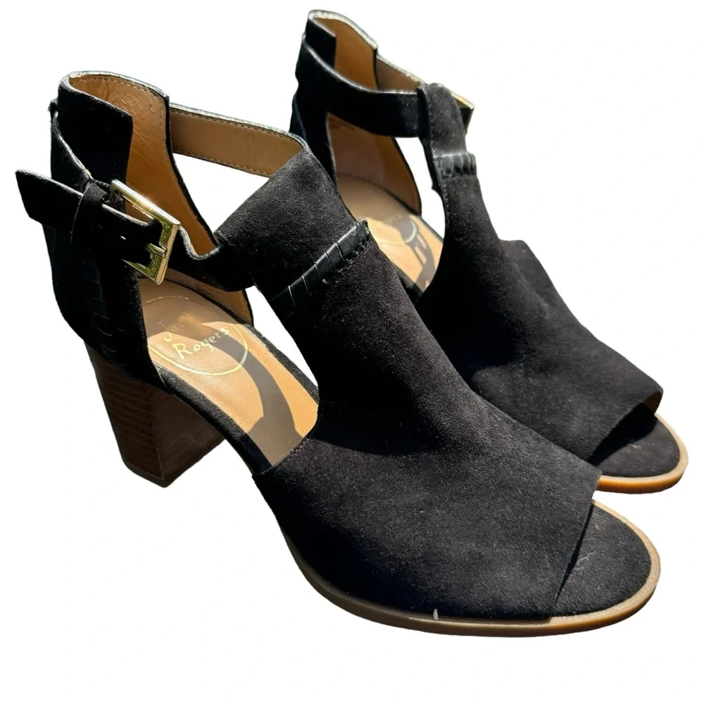 Jack Rogers Black Suede Cameron Peep Toe Block Heel Bootie Size 6.5 EUC